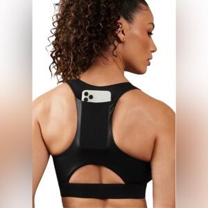 Fabletics Sports Bra on the Go Midi Medium Impact Sports Bra Black Foil …